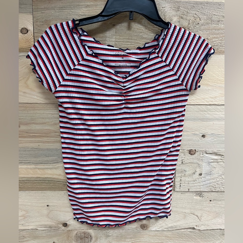 women’s red white and blue striped shirt